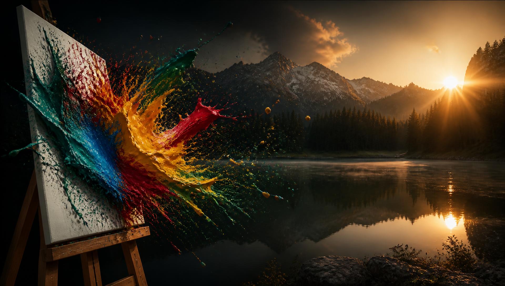 A white canvas on a wooden easel exploding with vivid paint above a mountain lake at sunrise